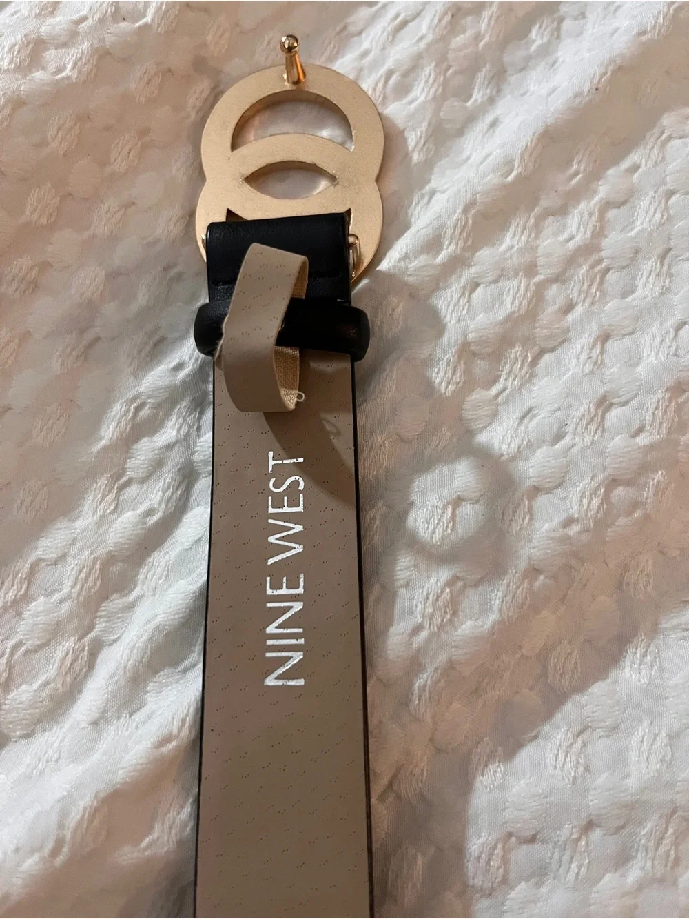 Nine West Black Belt with Gold Pearl-Studded Double Ring Buckle